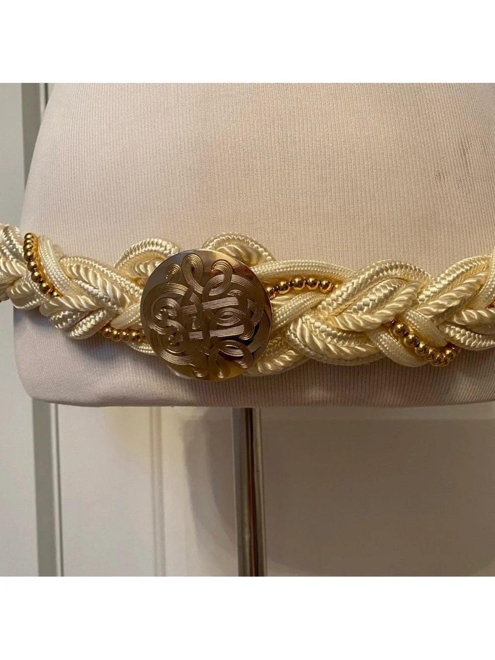 VINTAGE BELT CREAM CORD BRAIDED GOLD TONE BEADS MEDALLION 45.5”